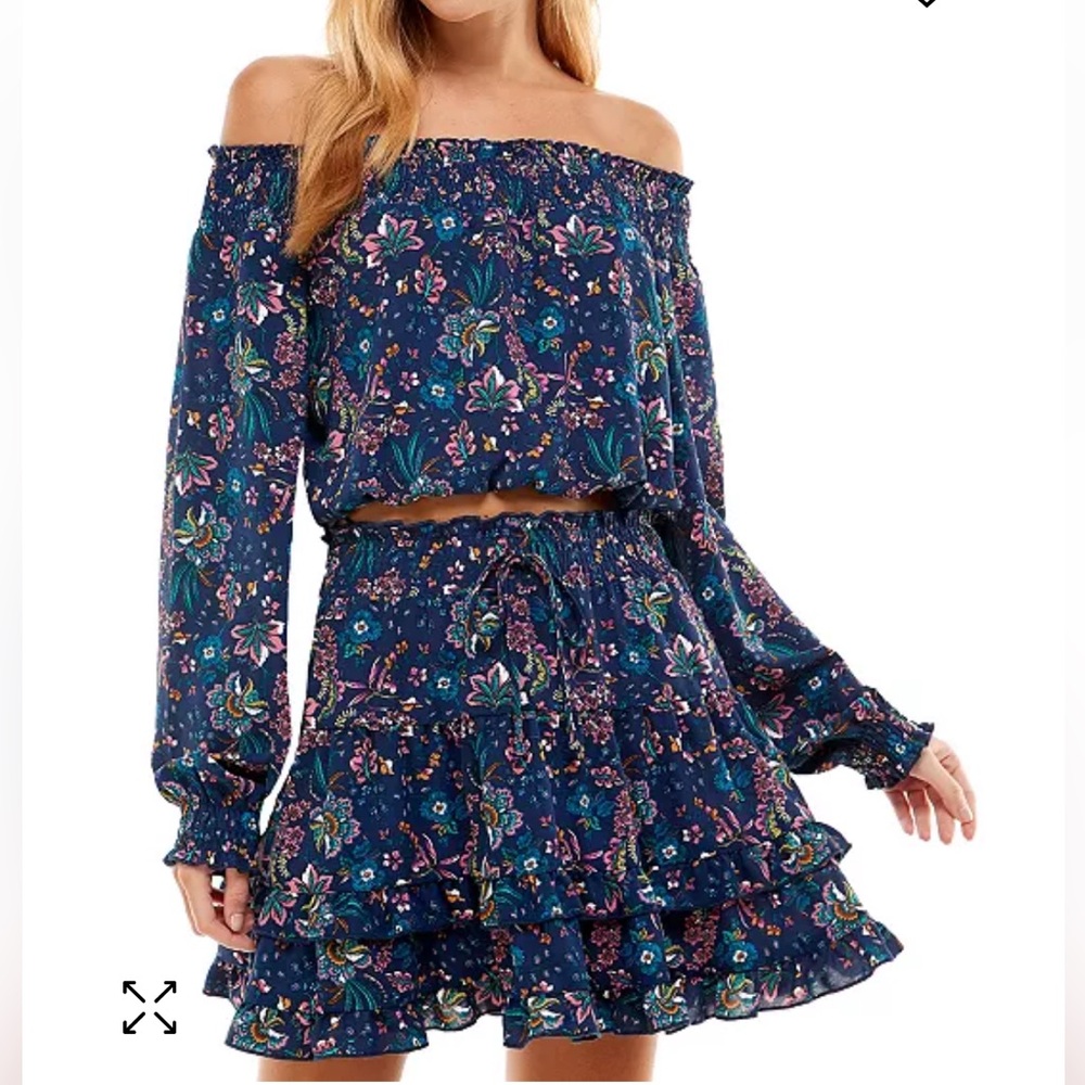 City Studios Two Piece Floral Top and Skirt  Navy Blue and Pink Flowers